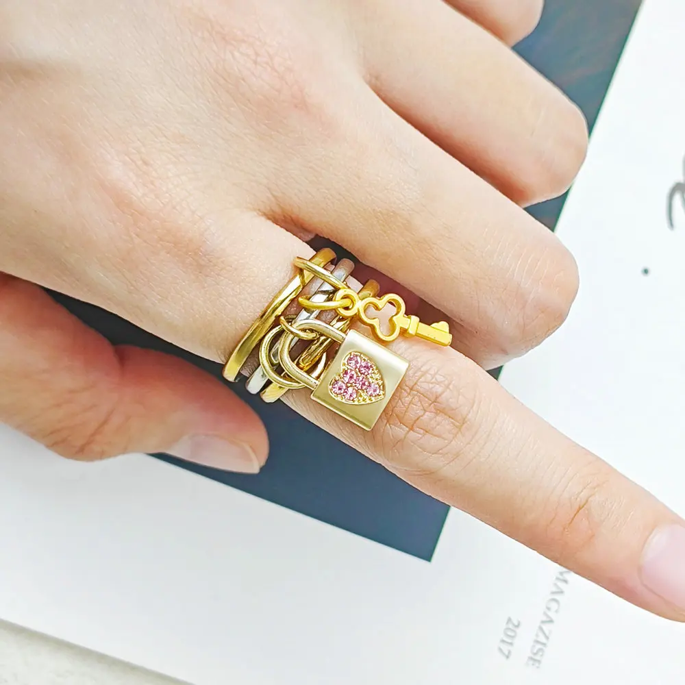 Edelstahl Spinelli Kilcollin Ring Schloss Schlüssel Charms INS Mode Stapelbare Ringe Set Gold Farbe Handgemachte Anhänger Schmuck Geschenk – Detail 7