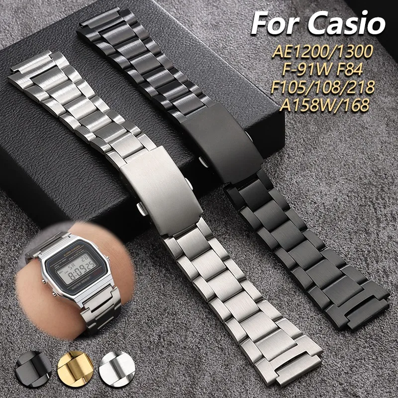 Für Casio Metall-Uhrenarmband 18mm für AE1200/1300 F-91W F84 F105/108/218 A158W/168 Edelstahl Sicherheits-Faltschließe Uhrenarmband – Detail 1