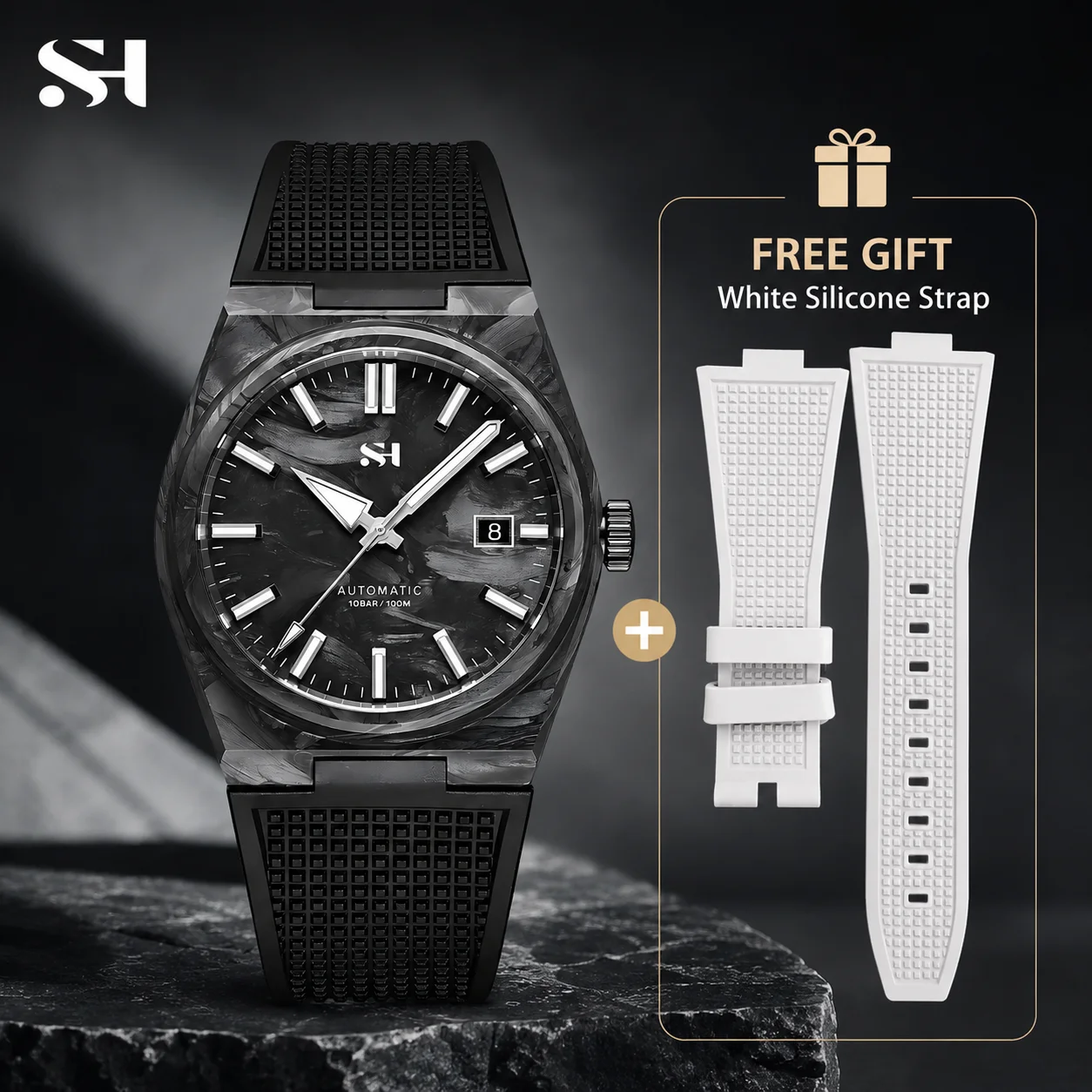 SH08 Carbon Fiber Automatic Watch Men PT5000 Mechanical Movement 40mm Sapphire Crystal FKM Strap 100M Waterproof