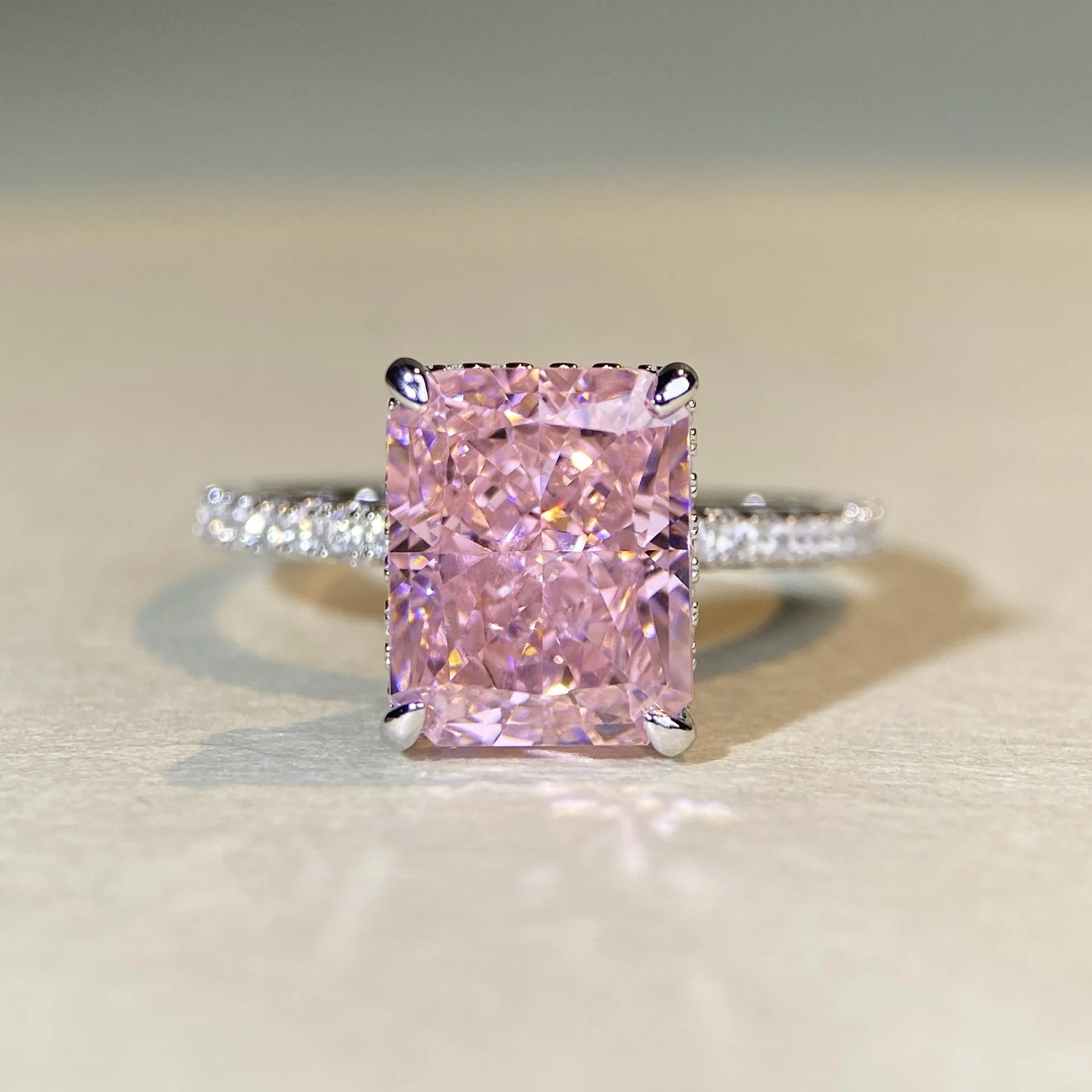 

S925 sterling silver pink diamond sugar cube ring fashionable atmosphere luxury women's high-end exquisite jewelry