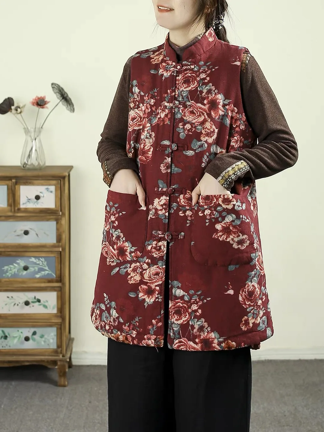 

Ретро китайский жилет с воротником-стойкой и принтом, женский зимний новый теплый топ средней длины без хлопка