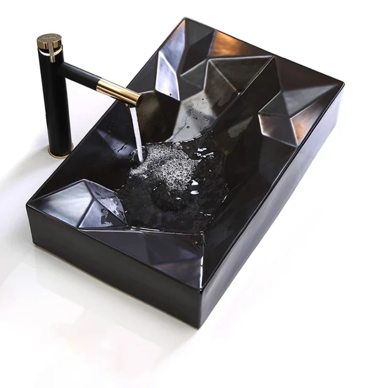 Minimalist creative matte black diamond countertop basin rectangular bathroom sink washbasin