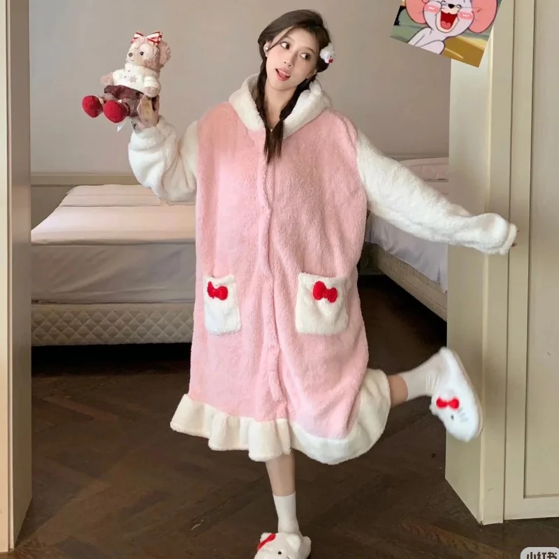 Hello Kitty Kawaii Sanrio Cute Bow Furry Pajamas Autumn And Winter Sweet Girl Long Pajama Anime Plush Couple Loungewear