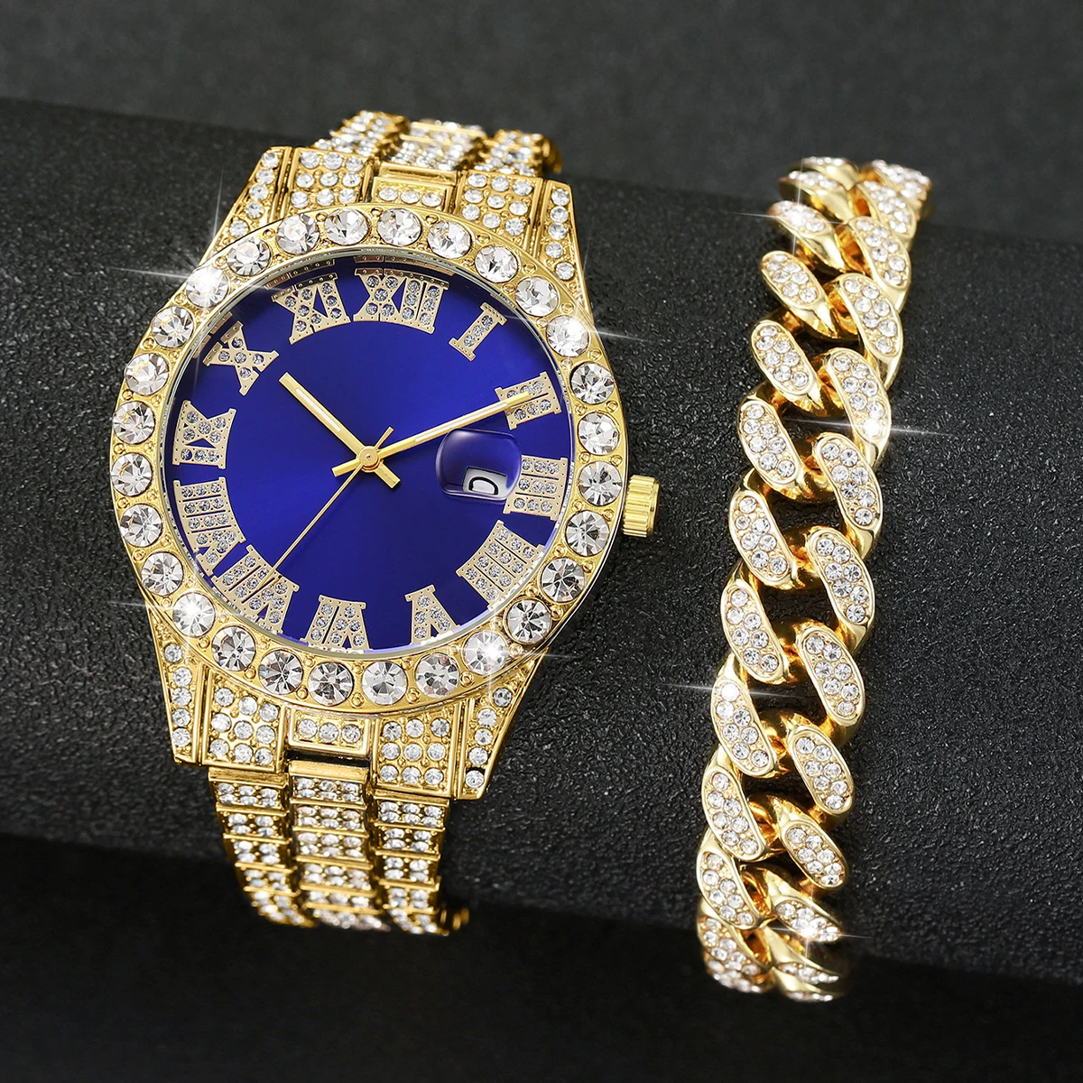 2PCS Luxury Rhinestone Men's Analog Quartz Watch Set