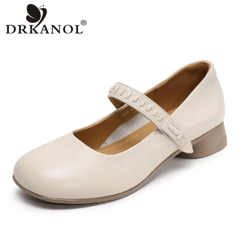 

DRKANOL Women Low Heel Shoes 2026 Spring Summer Shallow Genuine Cow Leather Hook And Loop Soft Comfort Thick Heel Shoes H269072Z