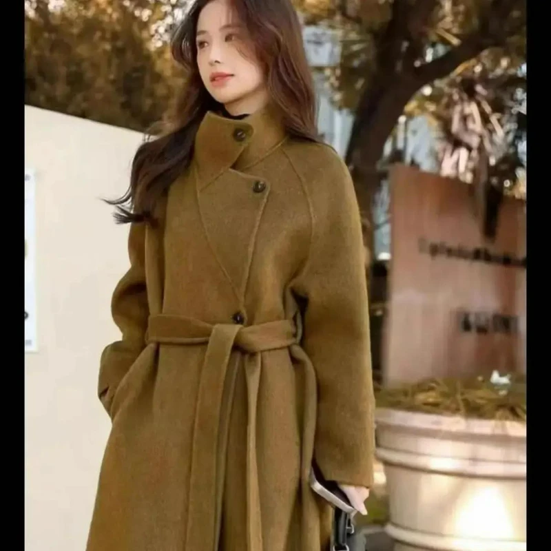 

Fashionable Long Woolen Coat 2026 Autumn/Winter New Style High-end Elegant Stand-up Collar Waist-cinching Wool Outerwear