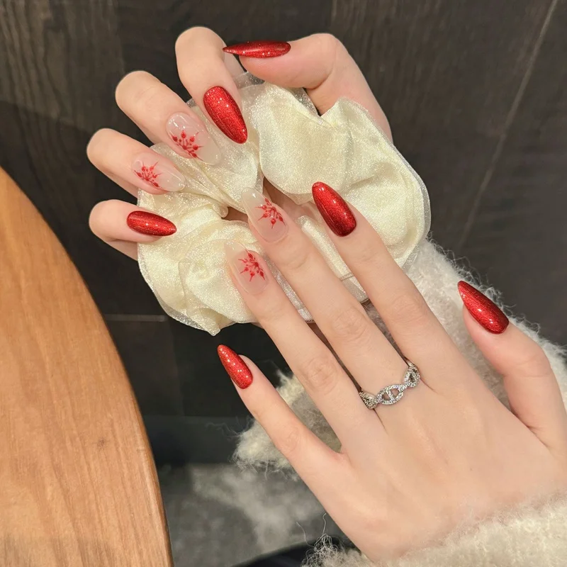 Good Fortune | Red New Year Wish Medium Almond Press On Nails Hand Paint Fake Nails 10pcs Handmade Cat Eyes Reusable Nail Tips