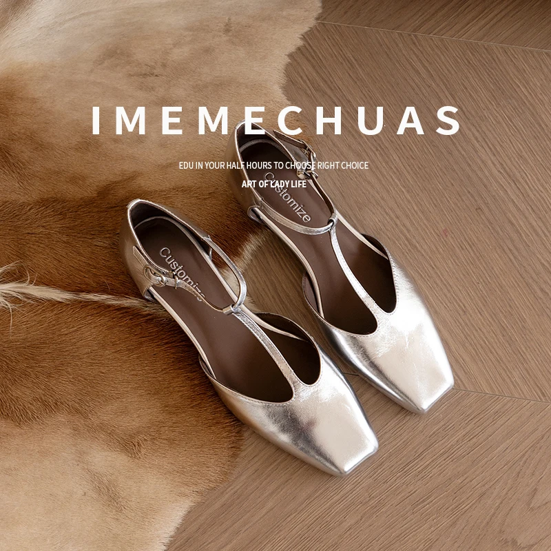 Women Mary Jane Shoes Spring Retro Flats T-Strap Vintage Footwear Silver Basic Mary Janes Cowhide Square Toe Handmade Flats