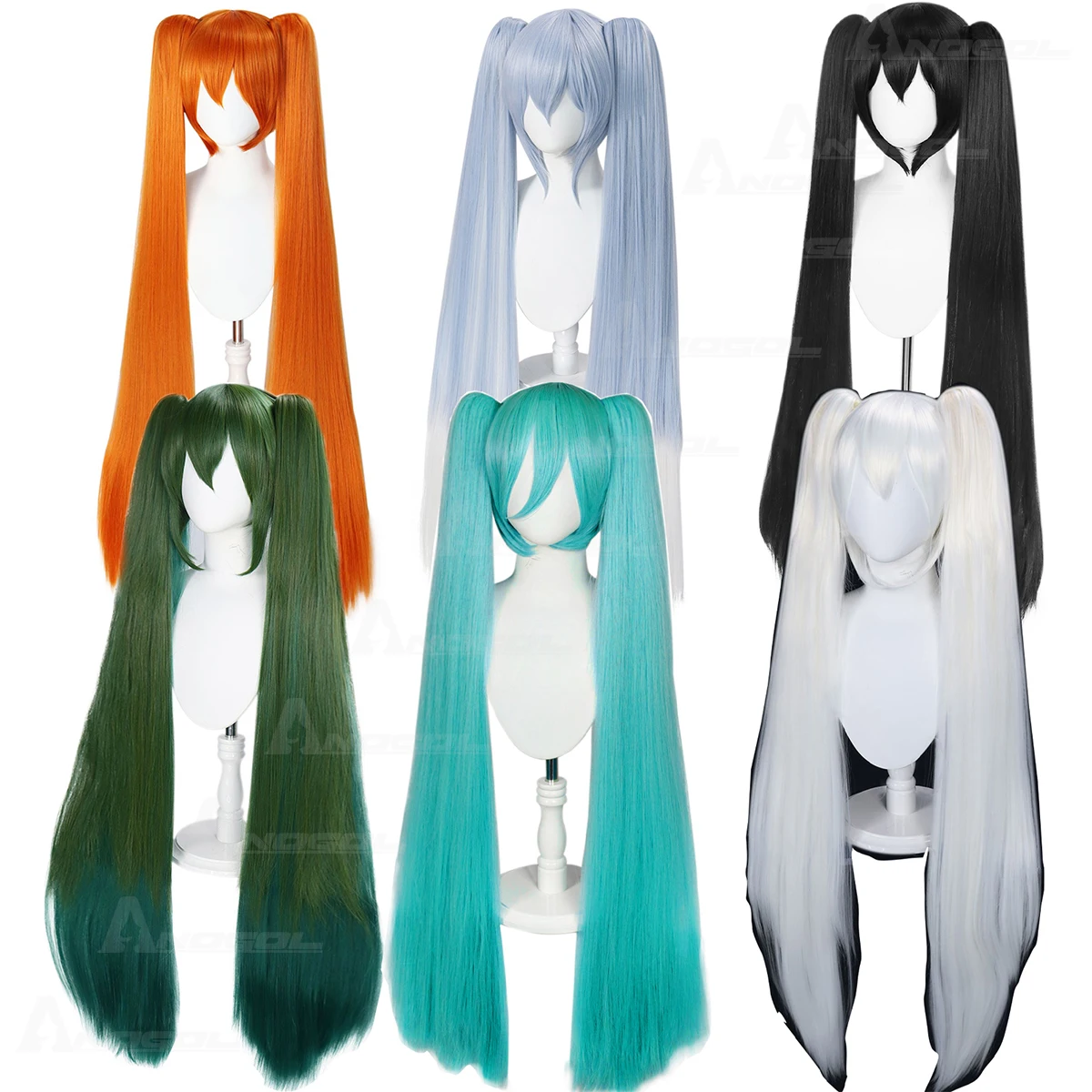 

AN Synthetic 120CM MIKU Cosplay Wig Colored Miku Long Light Blue Gradient White Orange Green Hair Clips 2 Ponytails Lolita Wigs