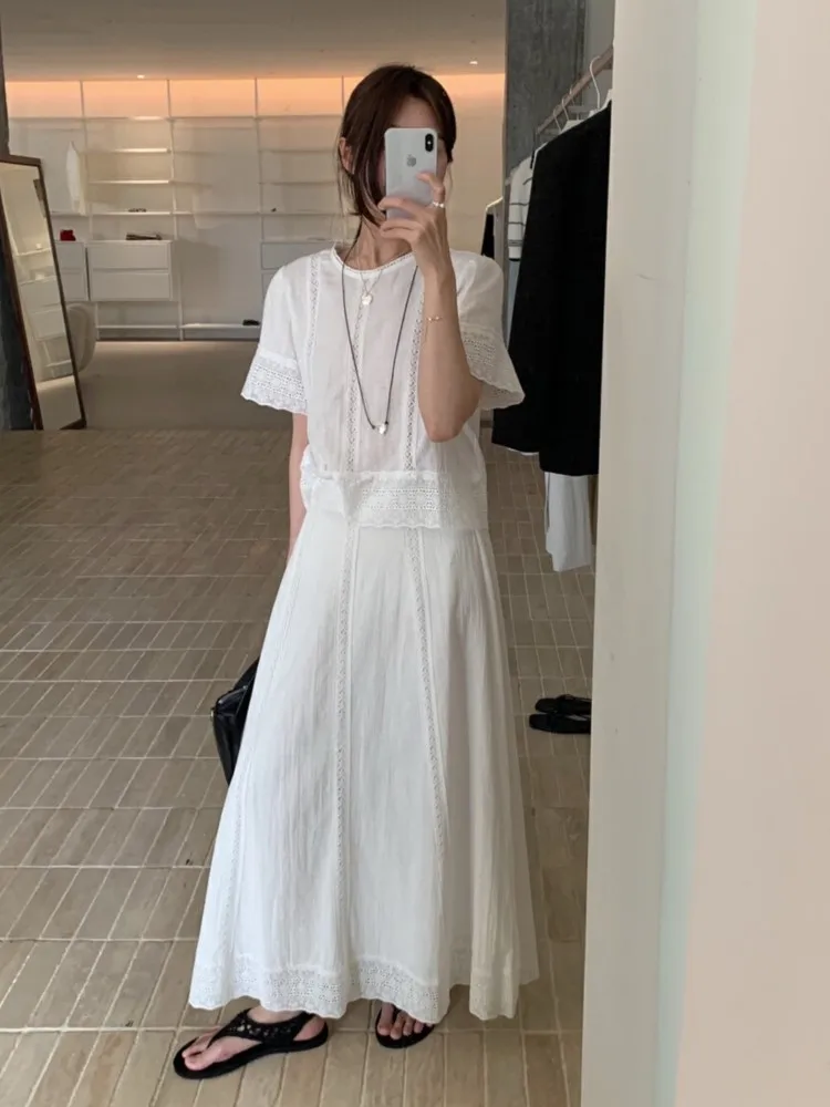 

Fashion Lace Patchwork Skirts Set Outfits Woman White Suits 2025 New Summer Chic O-Neck Short Sleeved Tops+High Waist Long Skirt