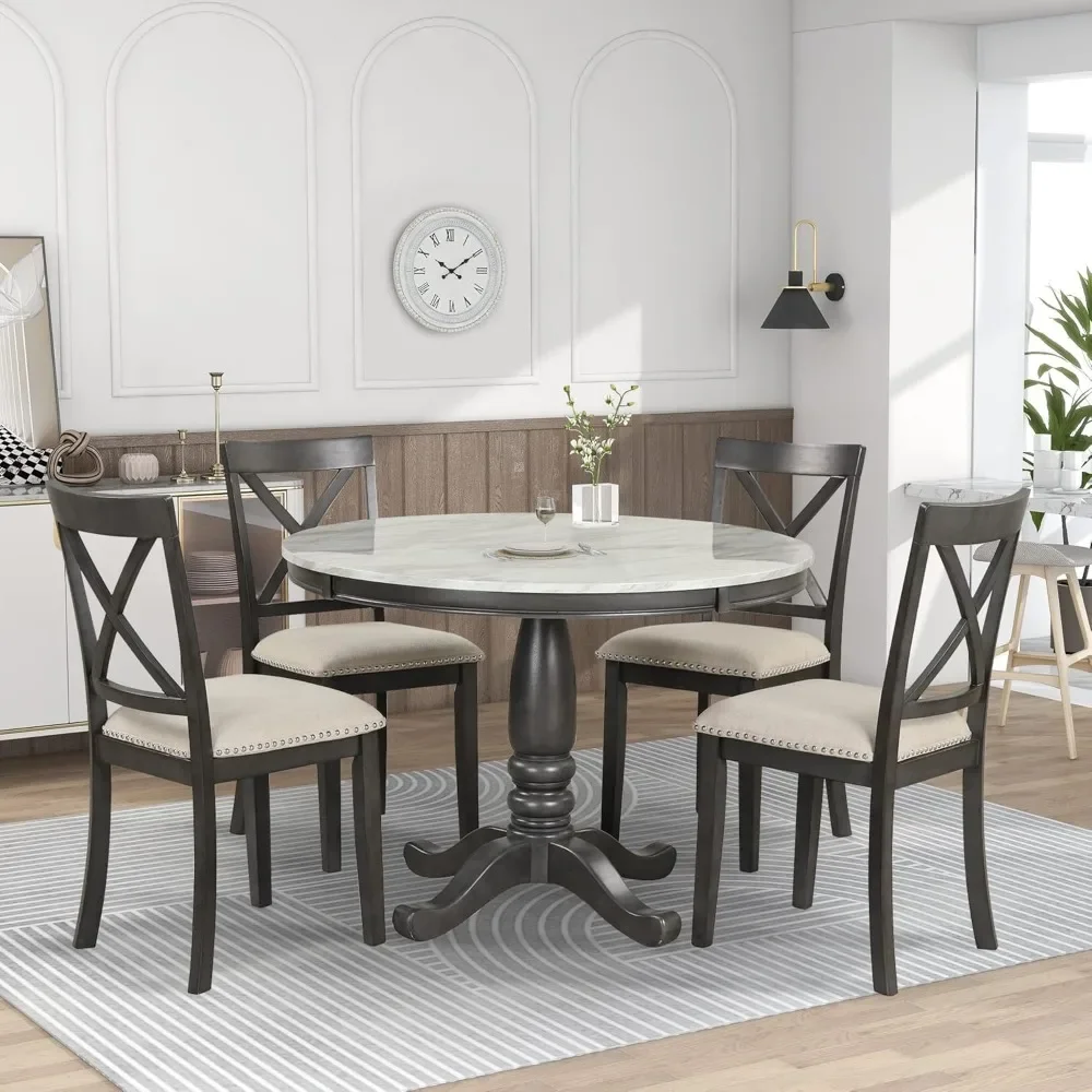 5 Pieces Dining Table and Chairs Set for 4 Persons, Farmhouse Rustic Modern Kitchen Room Solid Wood Pedestal Table