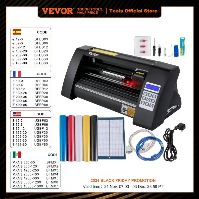 VEVOR 14Inch Semi-Automatic Vinyl Cutter Plotter 375mm Cutting Printer w/ Papers 3 Blades LCD Display SIGNMASTER Software