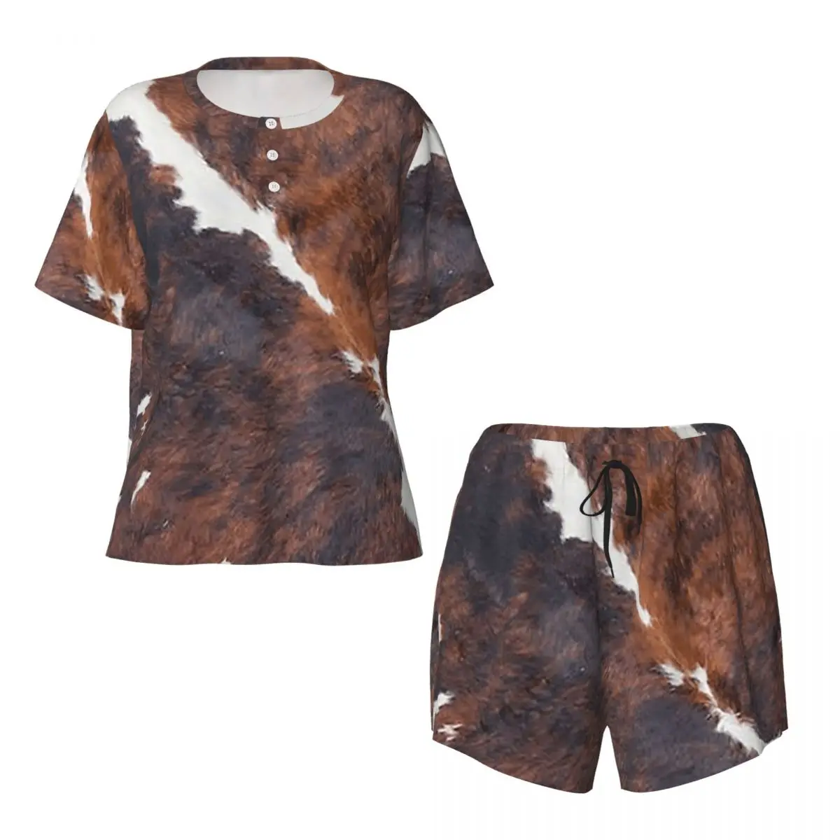 

Stylish Cow Fur Cowhide Texture Cow Skin Print Round Neck Short Sleeves Nightdress for Sleeping Women Pajama Set Short Pants