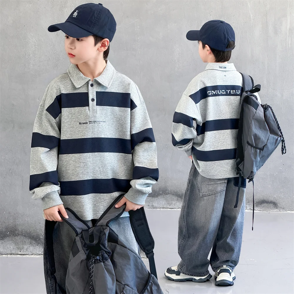 Korean Boys Polo Shirt Sweatshirts Children Long Sleeve Cotton Hoodie New Autumn Clothing Teenage Kids Fashion Striped Poloshirt