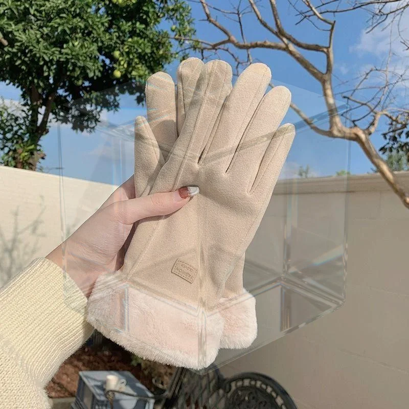 Women Winter Suede Warm Gloves Fuzzy Cuff Thick Thermal Lined For Hiking Commute