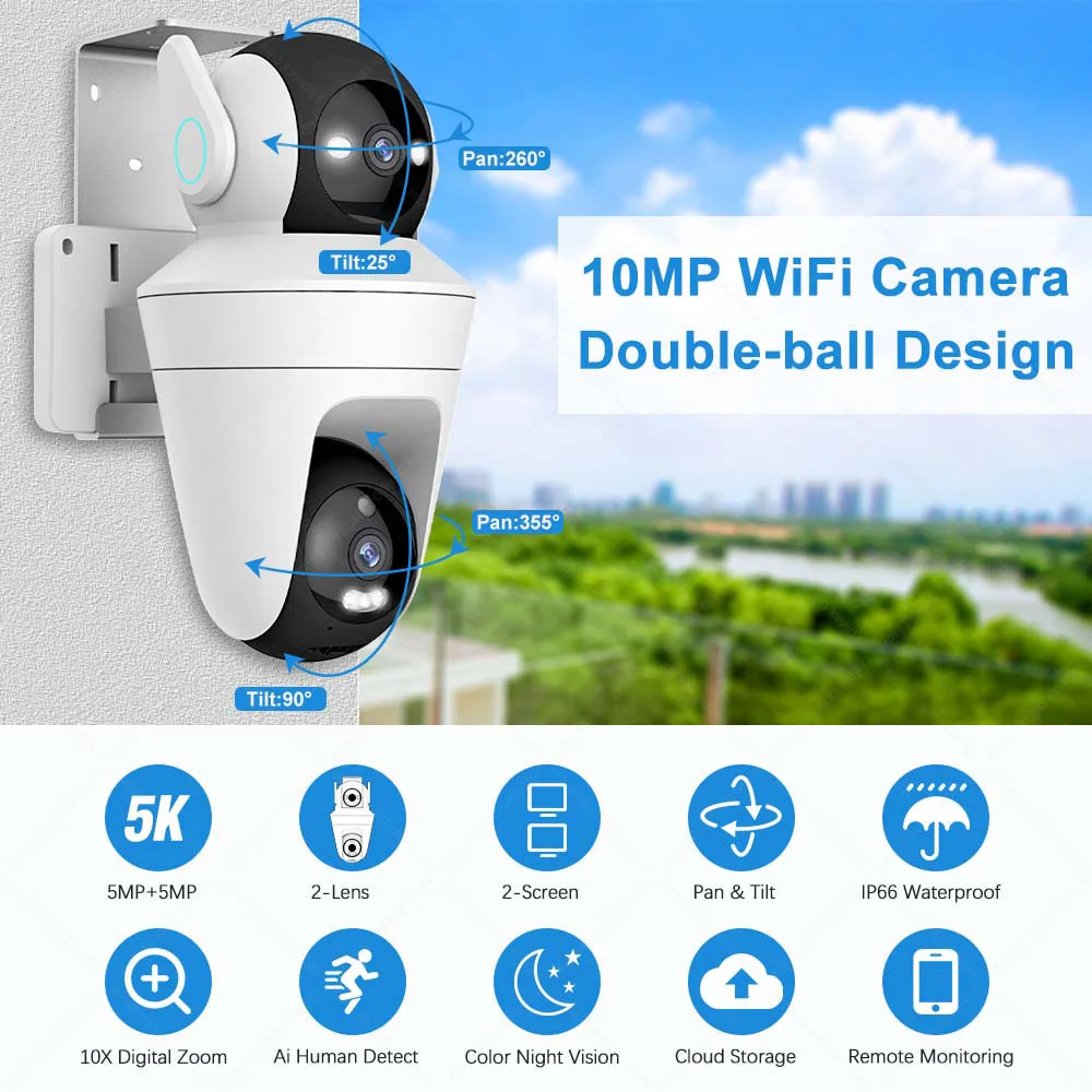 5K 10MP Wifi IP Camera 10X Zoom Dual Lens Outdoor PTZ Security Camera Auto Tracking Smart Home CCTV Cam 360° Video Surveillance