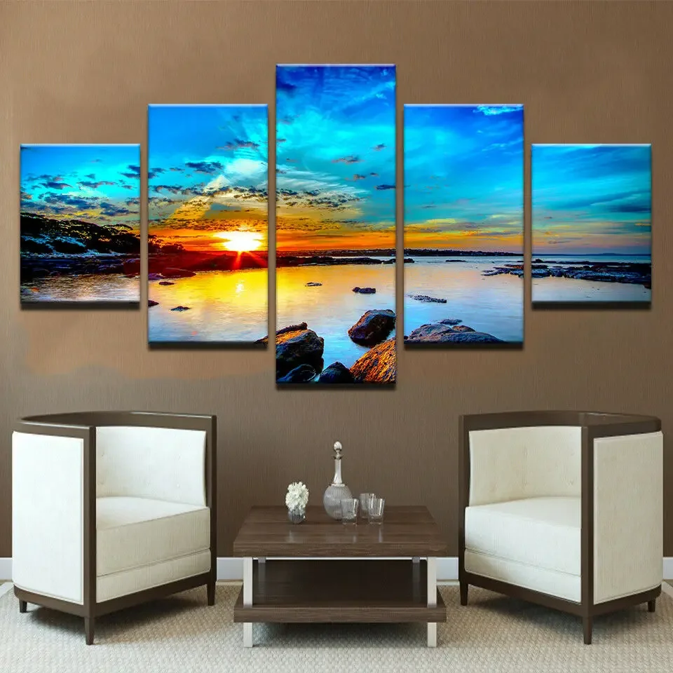 Sunrise Seaview Sea Beach Rocks Skyrim Canvas Prints Painting Wall Art Decor 5 Panel Home Decor No Framed Paintings Pictures