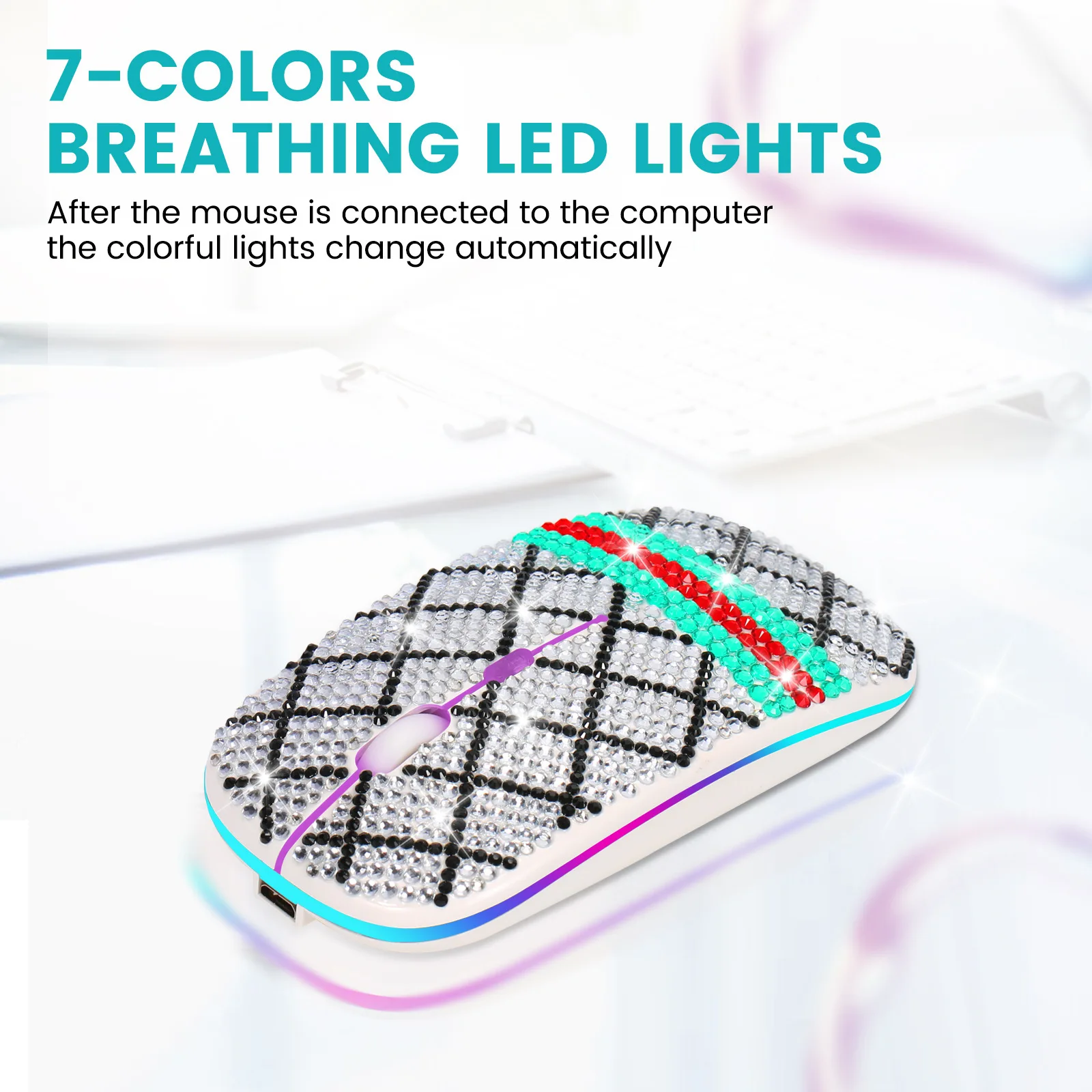 Venda quente silencioso mouse sem fio de modo duplo com luz respiratória de 7 cores, mouse transparente incrustado de diamante recarregável