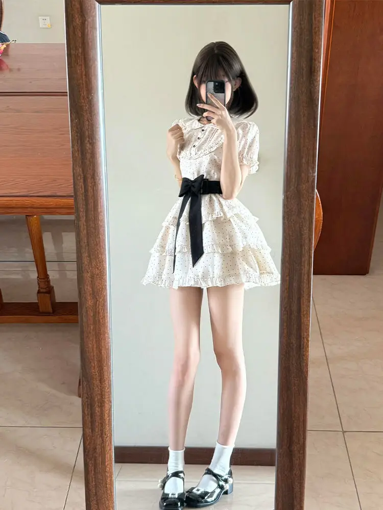 

Polka Dot Print All Match Peter Pan Collar Dress Y2k Summer Preppy Style Waist Bow A-line Puffly Clothes Harajuku Short Dresses