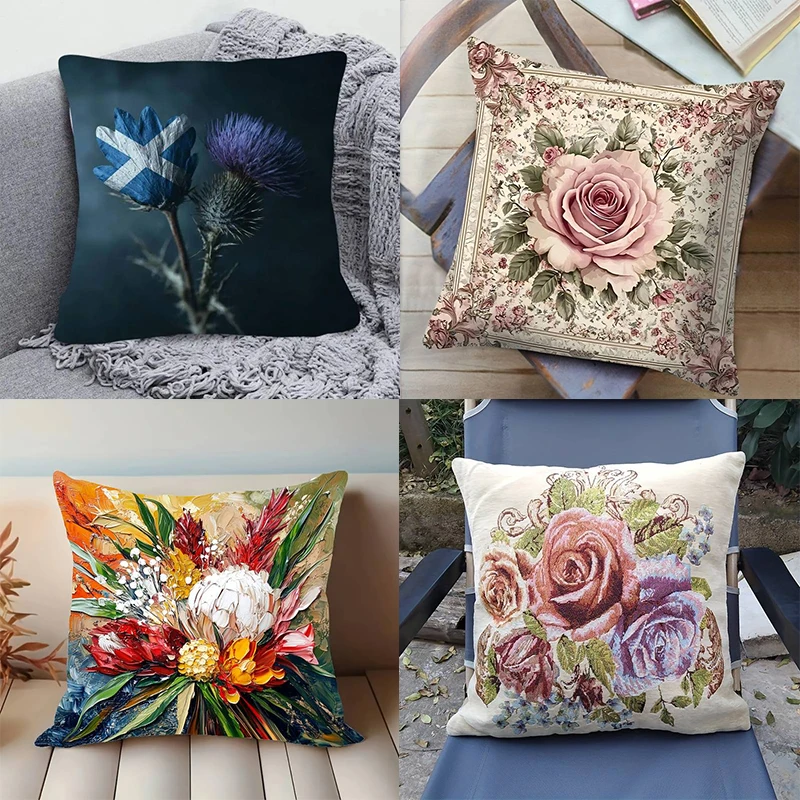 

Элегантная наволочка с цветочным и рогожным узором — классический розовый и художественный цветочный принт для изысканного домашнего декора