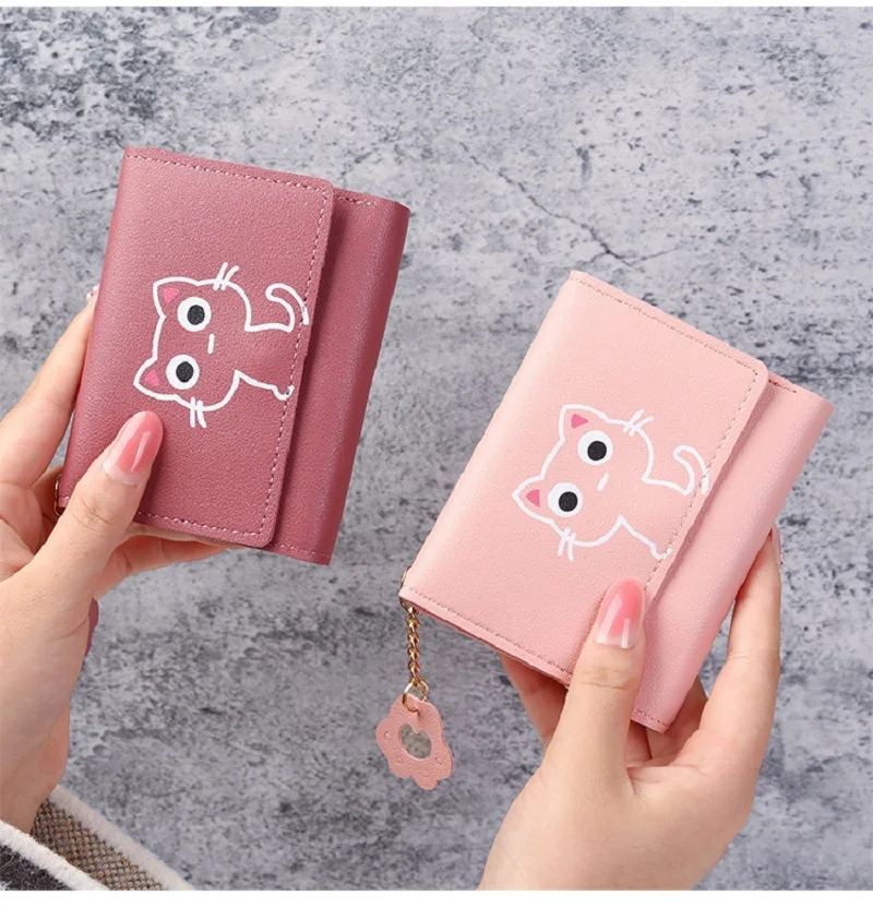 

2024 New Women's Wallet Cute Cat Short Wallet Leather Small Coin Purse Girls Money Bag Card Holder Ladies Female Hasp Wallet