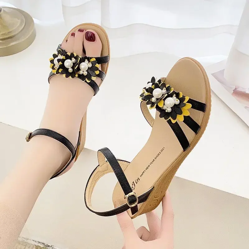 Wedges Heel Buckles Sandals for Women Ladies Shoes Summer 2024 Platform One Word Open Toe High Heels Footwear Pearl Asian Size F