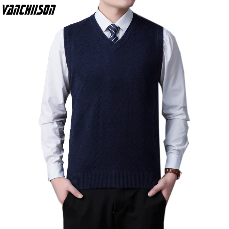 

Men 14% Wool Knit Tank Sleeveless Sweater Jumper Basic for Autumn Winter V Neck Solid Business Smart Casual 00304