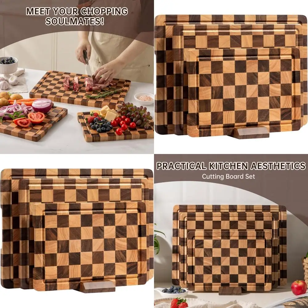 

Набор разделочных досок из 3 предметов из дерева акации с канавками и ручками для сока, идеально подходит для приготовления мяса, овощей и фруктов, включает служение