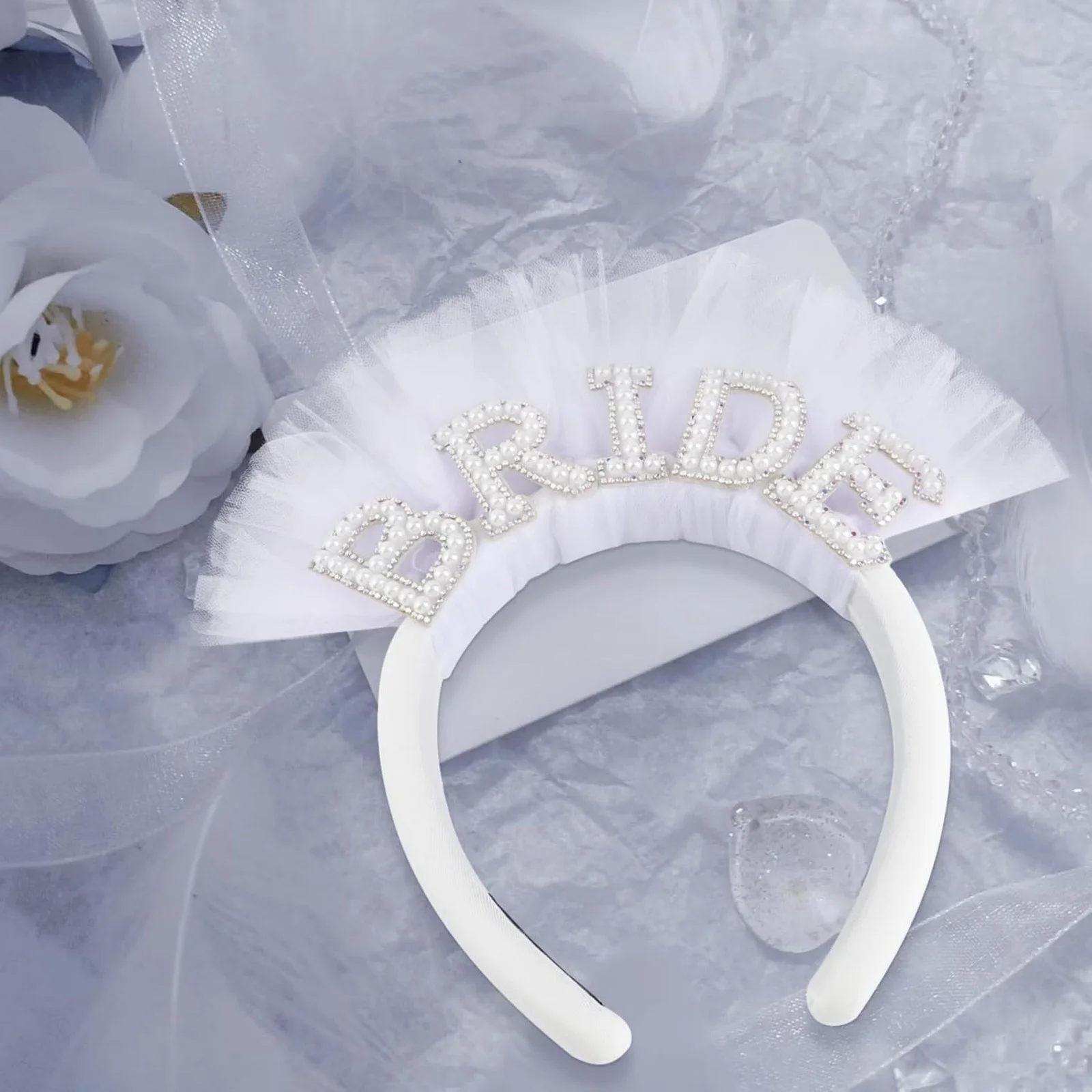 Diadema con diamantes de imitación y perlas para novia, tocado de novia de tul blanco, accesorio elegante para el cabello para boda, despedida de soltera, 1 ud.