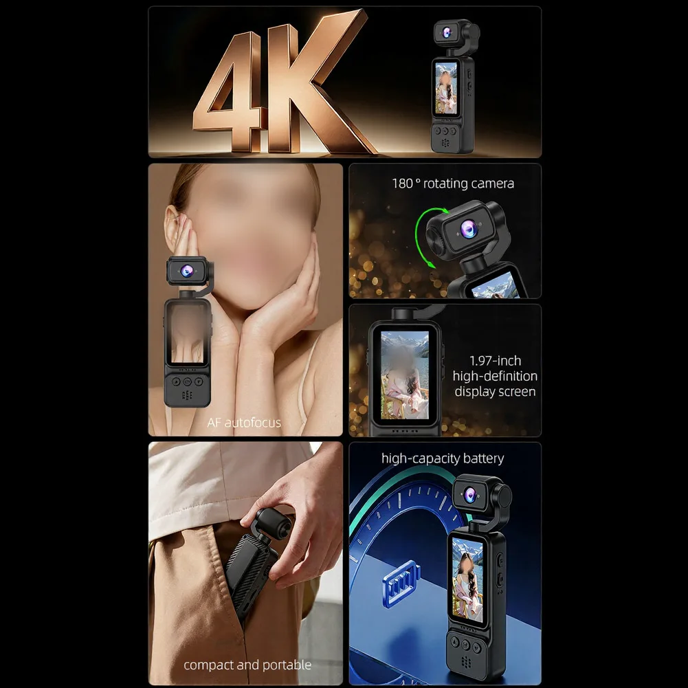 Handheld Vlogging Recorder 4K WiFi HD Pocket Camera Wearing Chest Smart Stabilization & 180° Wide Angle For Travel/outdoor Sport view 4