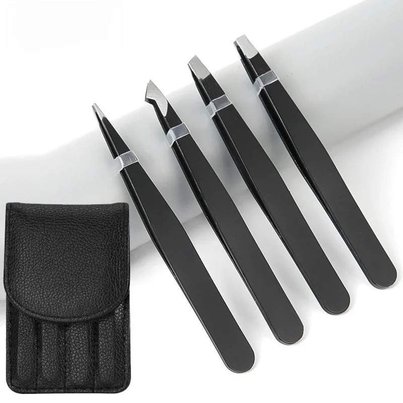 Pincettes à cils noires en acier inoxydable, 1 pièce, bouche avant pointue inclinée, 96 clips, outil de maquillage, ensemble de pincettes à sourcils polyvalentes