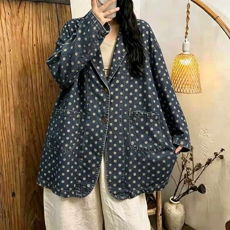 Amax LuluE 2026 Autumn Denim Blazer Coats Womens Fashion Loose Dot Jackets Korean Ladies Classic Casual Vintage V Neck Outerwear