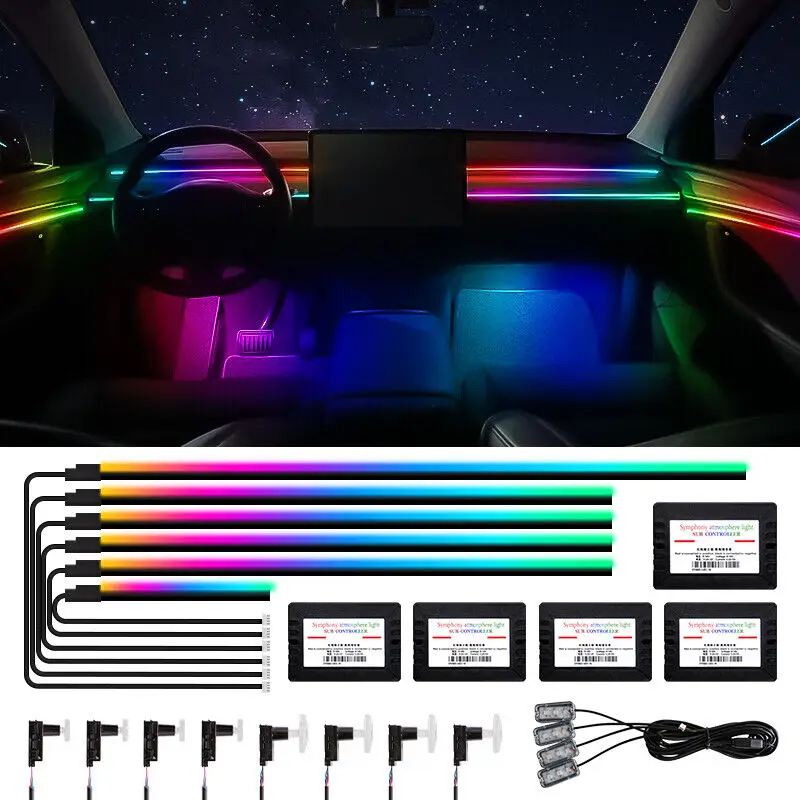 Car Ambient Neons Lights Rainbow Auto Atmosphere 64 RGB Universal Lighting Acrylic Colorful Lamps Strips App Contro Symphony LED