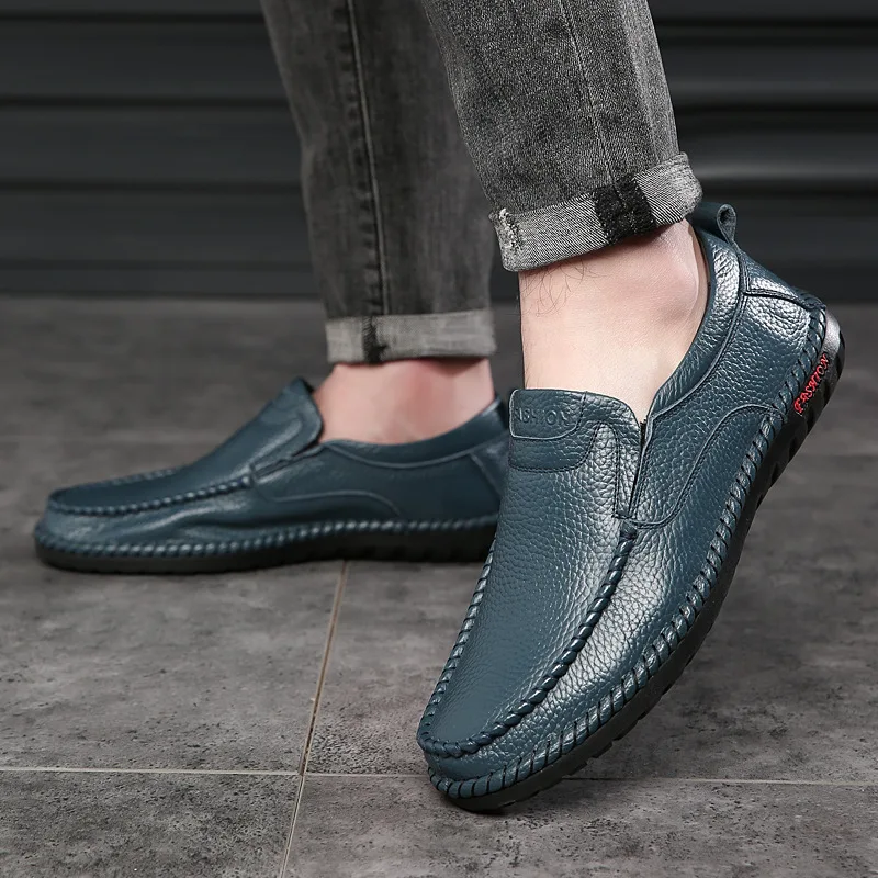 Business Genuine Leather Men Shoes Summer Slip on Loafers Breathable Men Casual Leather Shoes Black Flats Driving Shoe Moccasins