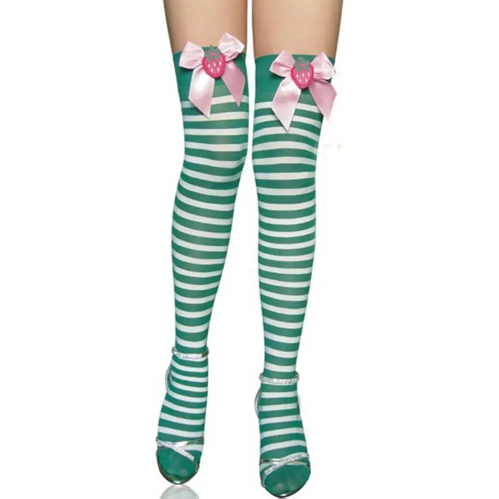 1 par de medias navideñas para mujer, calcetines hasta la rodilla a rayas con bloques de colores, decoración de lazo, medias ajustadas para actuaciones, calcetines largos para Cosplay