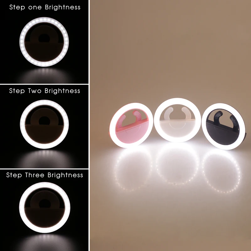 Travor Selfie Ring Light 36 LED Rechargeable Three Step Brightness Adjustable Ring Clip Light for Smart Phone Laptop Ipad