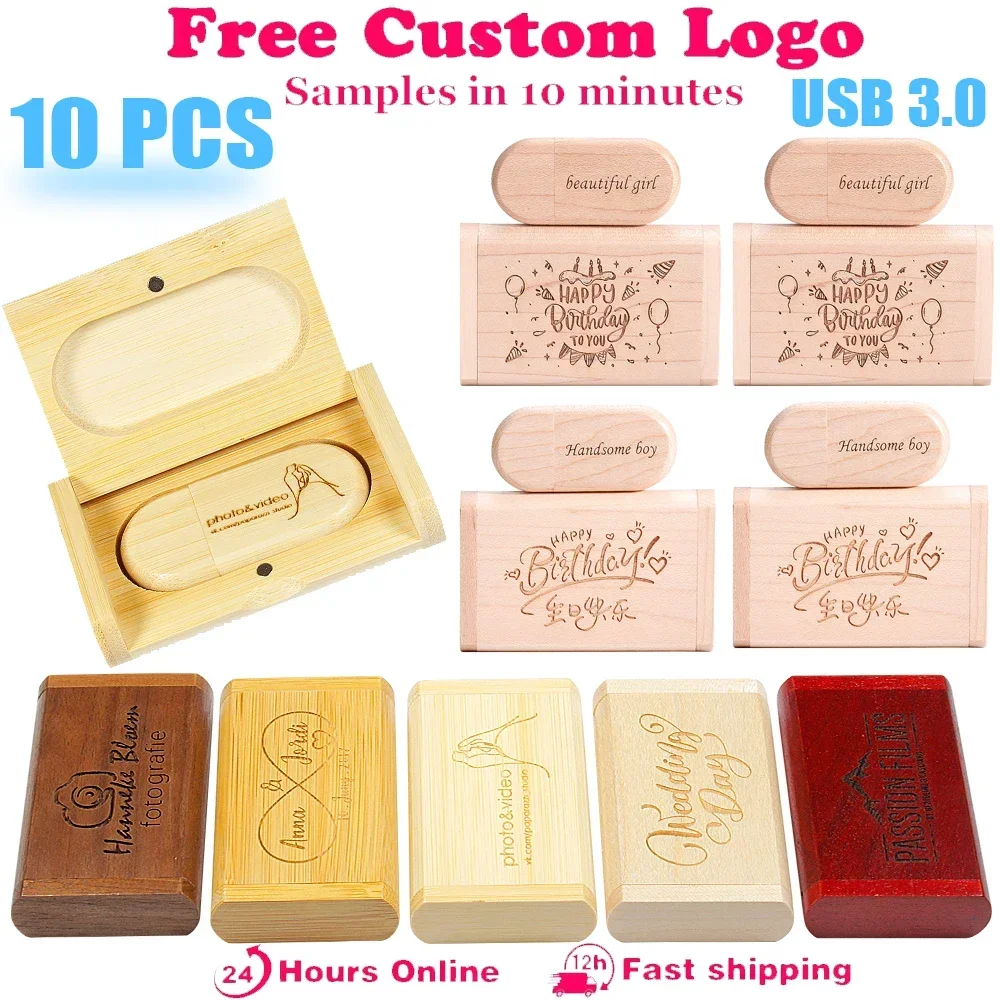 Free Custom Logo Pen Drive 128GB 10 PCS LOT Memoria USB 64GB Box USB 3.0 Flash Drive Creative Wedding Gift 32GB Mini U Disk 16GB