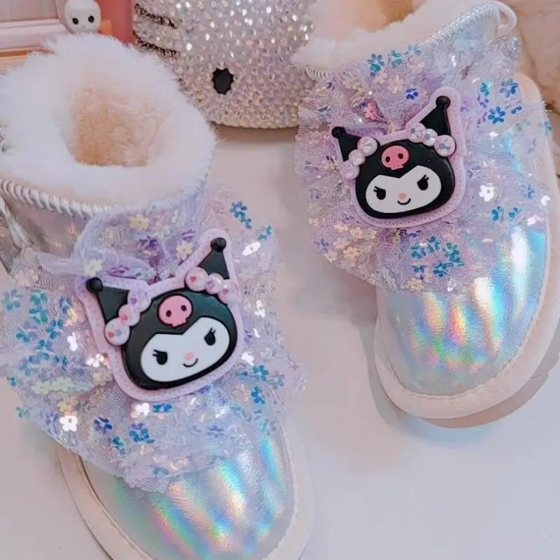 

Sanrio Kuromi Girls Faux Fur Snow Boots Winter Waterproof Childrens Anti Slip Fleece Lined Thickened Ankle Boots cotton shoes