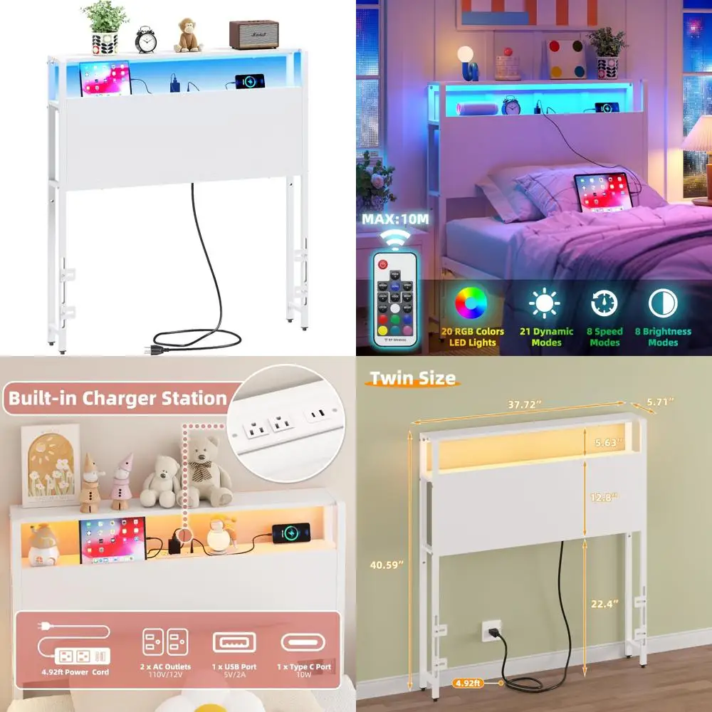 

Sturdy Twin Size Headboard with Dual-Tier Storage Shelves, Charging Station, USB Ports, and LED Lighting for Enhanced Convenienc