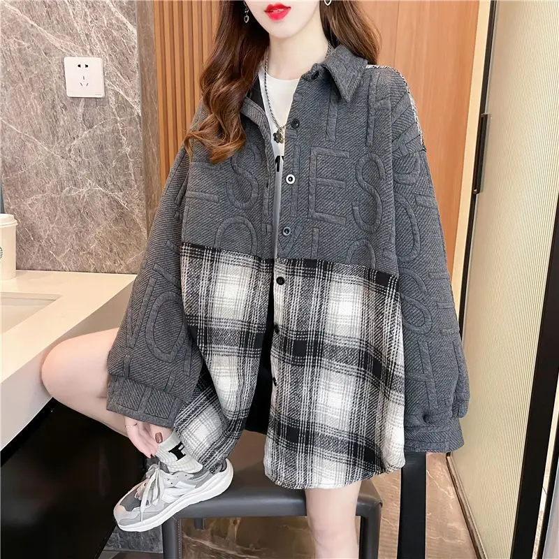 Fashion Design Splicing Plaid Jacket femminile di media lunghezza coreano primavera autunno cappotto camicia allentata capispalla top 2024 nuovo