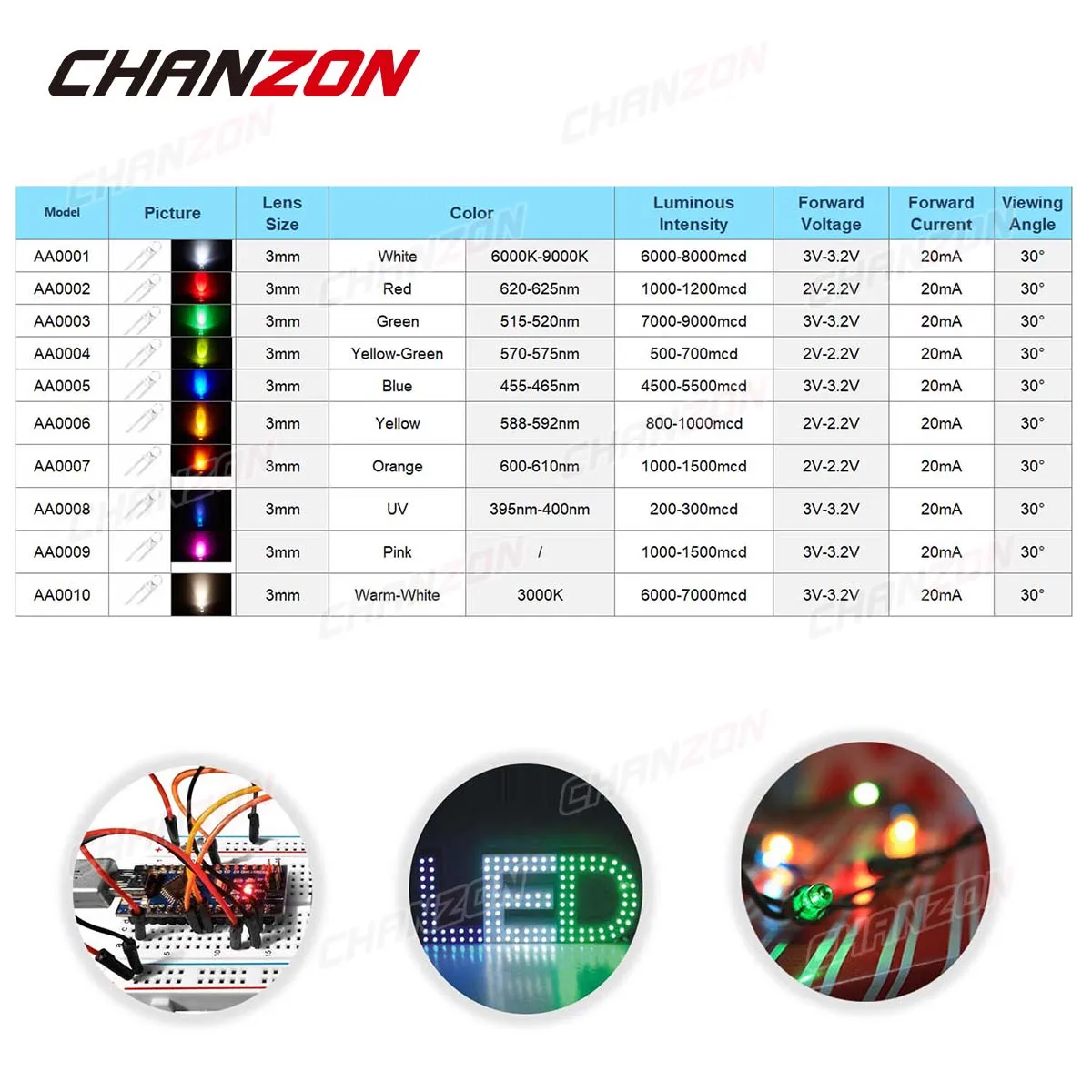 Kit de diodo led de 3mm, emissor de luz, branco quente, vermelho, azul, verde, uv, laranja, amarelo, rosa, conjunto de lâmpada, 2v, 3v, variedade pcb