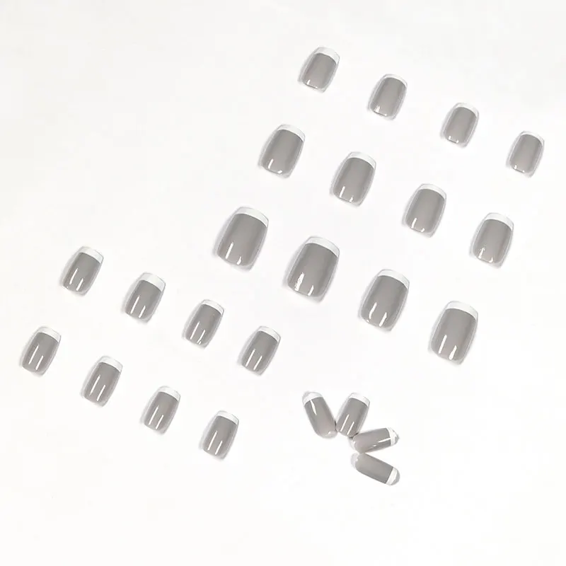 24pcs/box new wearable French gray white edge manicure medium style simple white fake nails