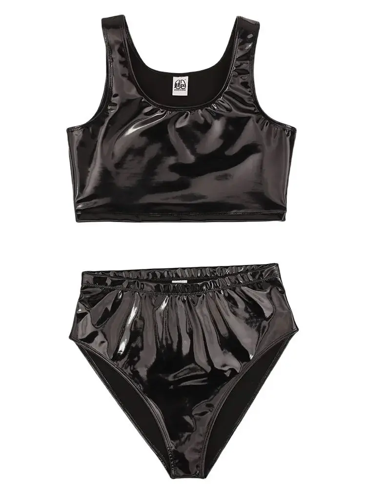 

S-3XL Одежда из ПВХ с мокрым эффектом, блестящие укороченные топы на бретелях из искусственной кожи, жилет, укороченные шорты с высокой талией, трусы, колготки, горячий сексуальный комплект бикини