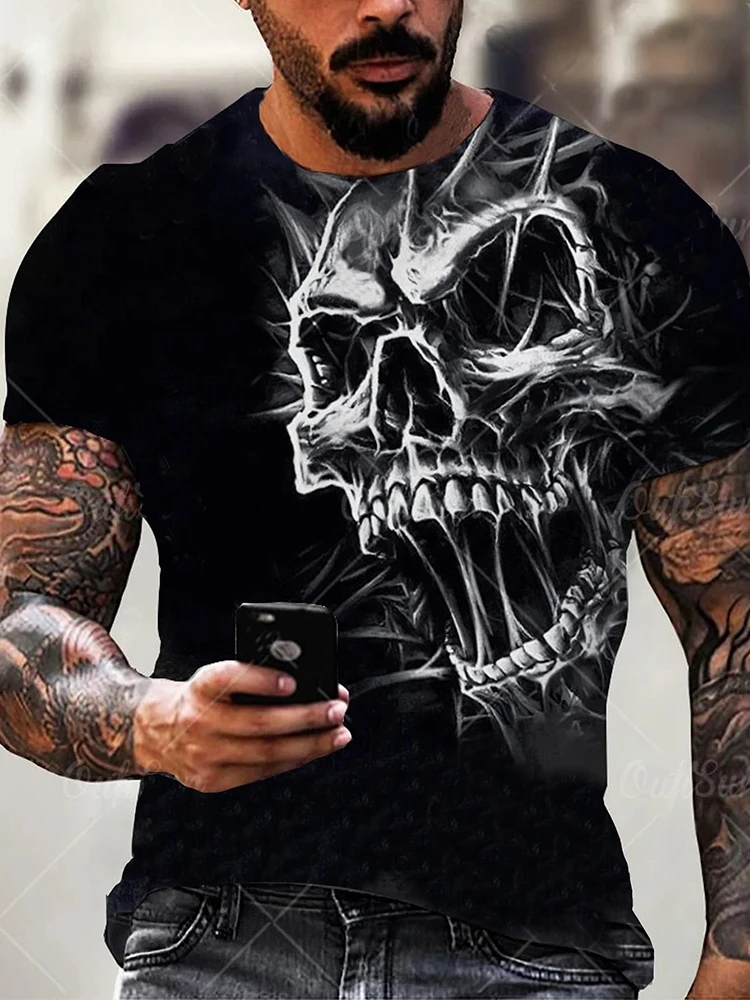 Summe Street تي شيرت رجالي الجمجمة طباعة تي شيرت رجالي عادية قصيرة الأكمام قمة الرياضة في الهواء الطلق موضة تي شيرت رجالي الملابس