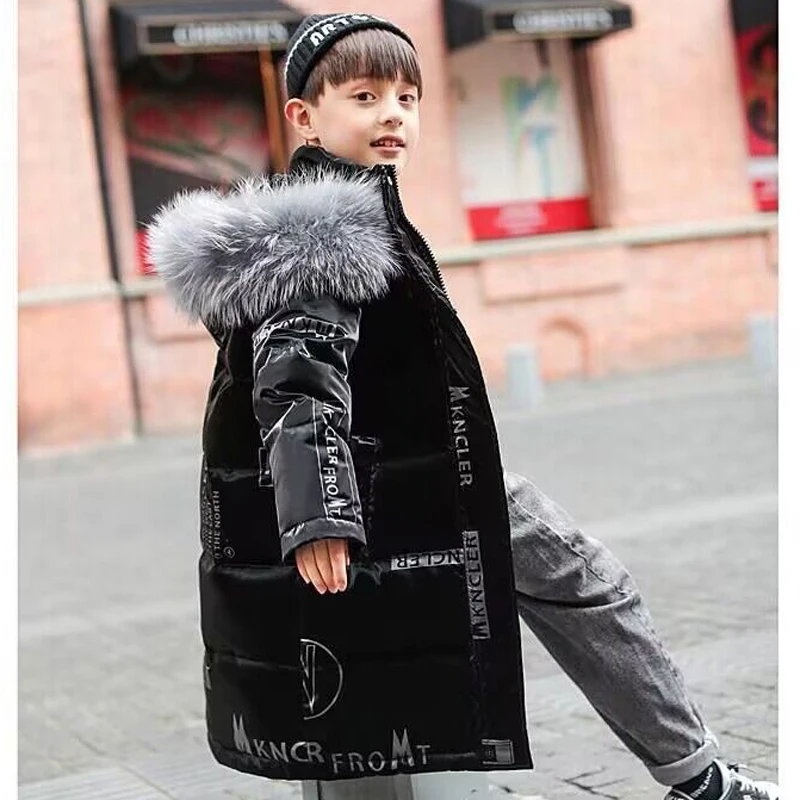 2024 New -30℃ Winter Teen Boys Jacket Long Letter Print Plus Velvet Thick Warm Hooded Windproof Coat Fur Collar Cotton Snowsuit