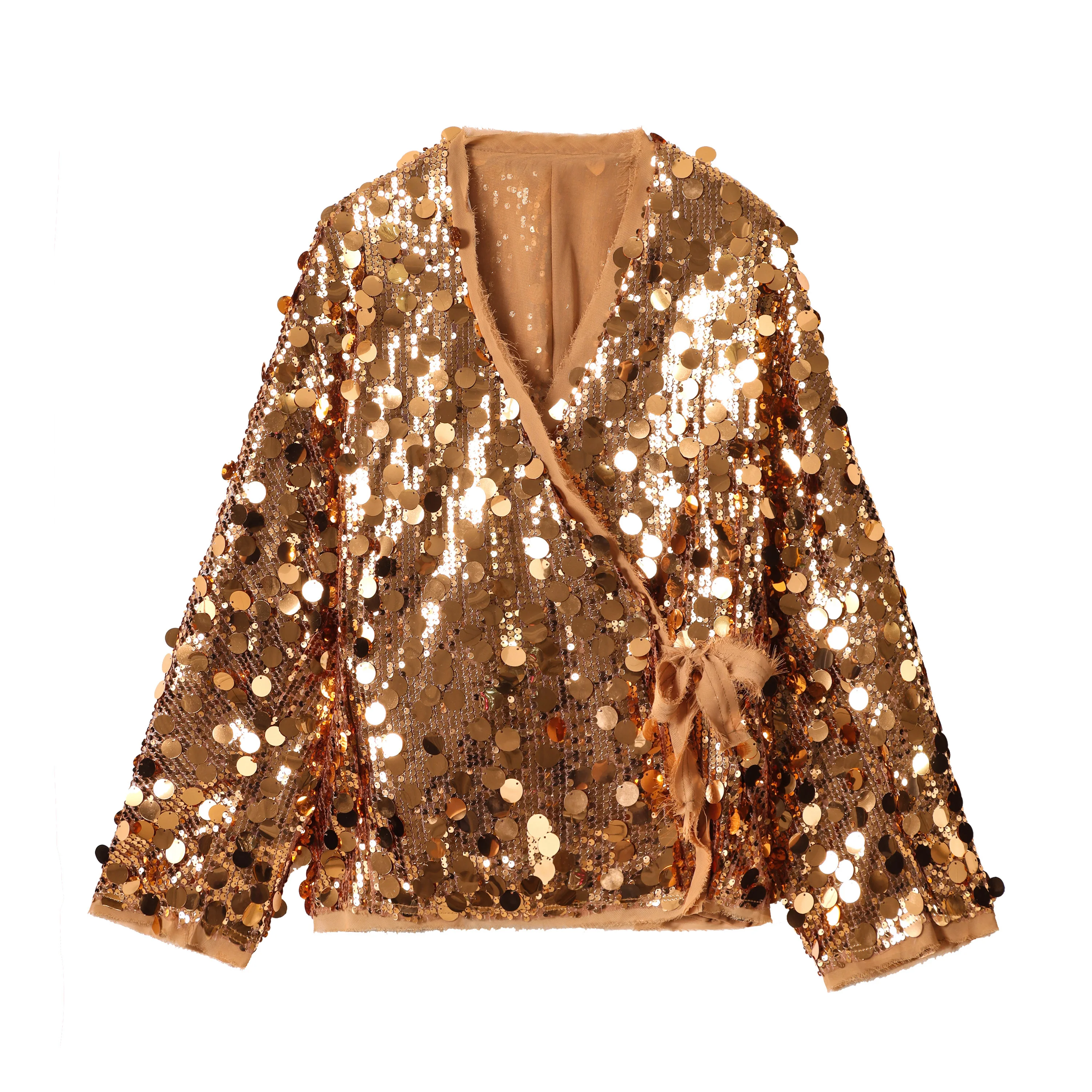 Fashion Lace Up Sequins Patchwork Kimono Women Chic V Neck Long Sleeves Loose Jacket  Autumn New Lady High Street Outerwears