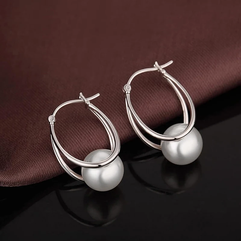 Huitan Simple Stylish Round Imitation Pearl Hoop Earrings for Women Silver Color New Fashion Girl Ear Accessories Modern Jewelry