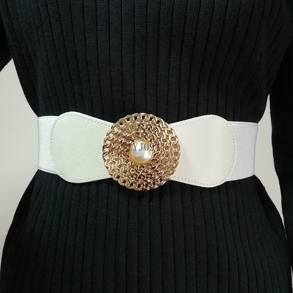 Ladies Pearl Round Buckle Corset Elasticity Wide Waist Dress Decorative High Quality Belts for Women