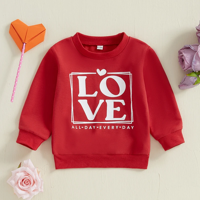 Pudcoco Toddler Girls Boys Sweatshirts Letter Heart Print Long Sleeve Kids Pullovers Valentine's Day Clothes Spring Tops 1-5T