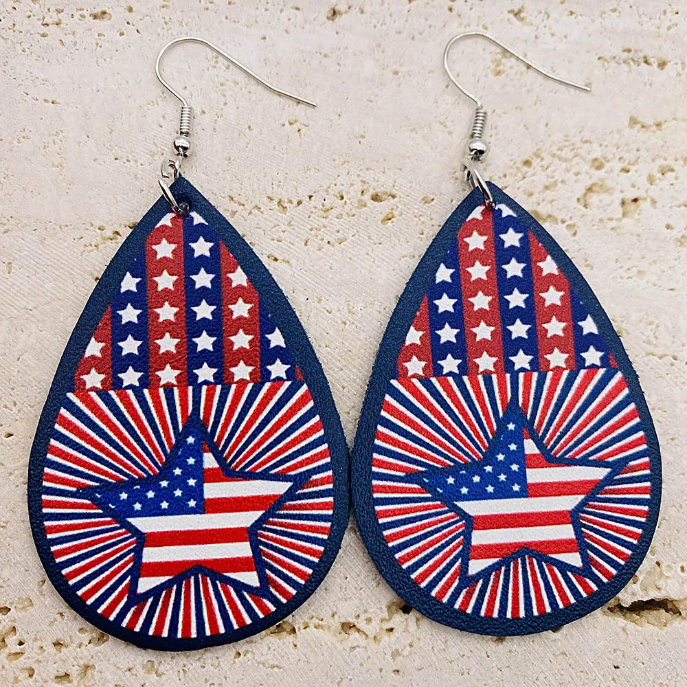 New Independence Day Leather Earrings American Flag star Water Drops Leather Earrings for Women Party Gifts